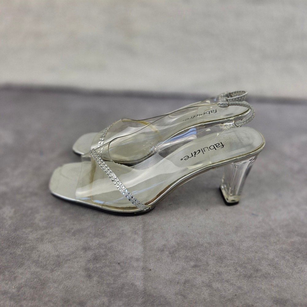 Fabulaire Silver Clear Rhinestone Slingback Block Heels Sandals S2173